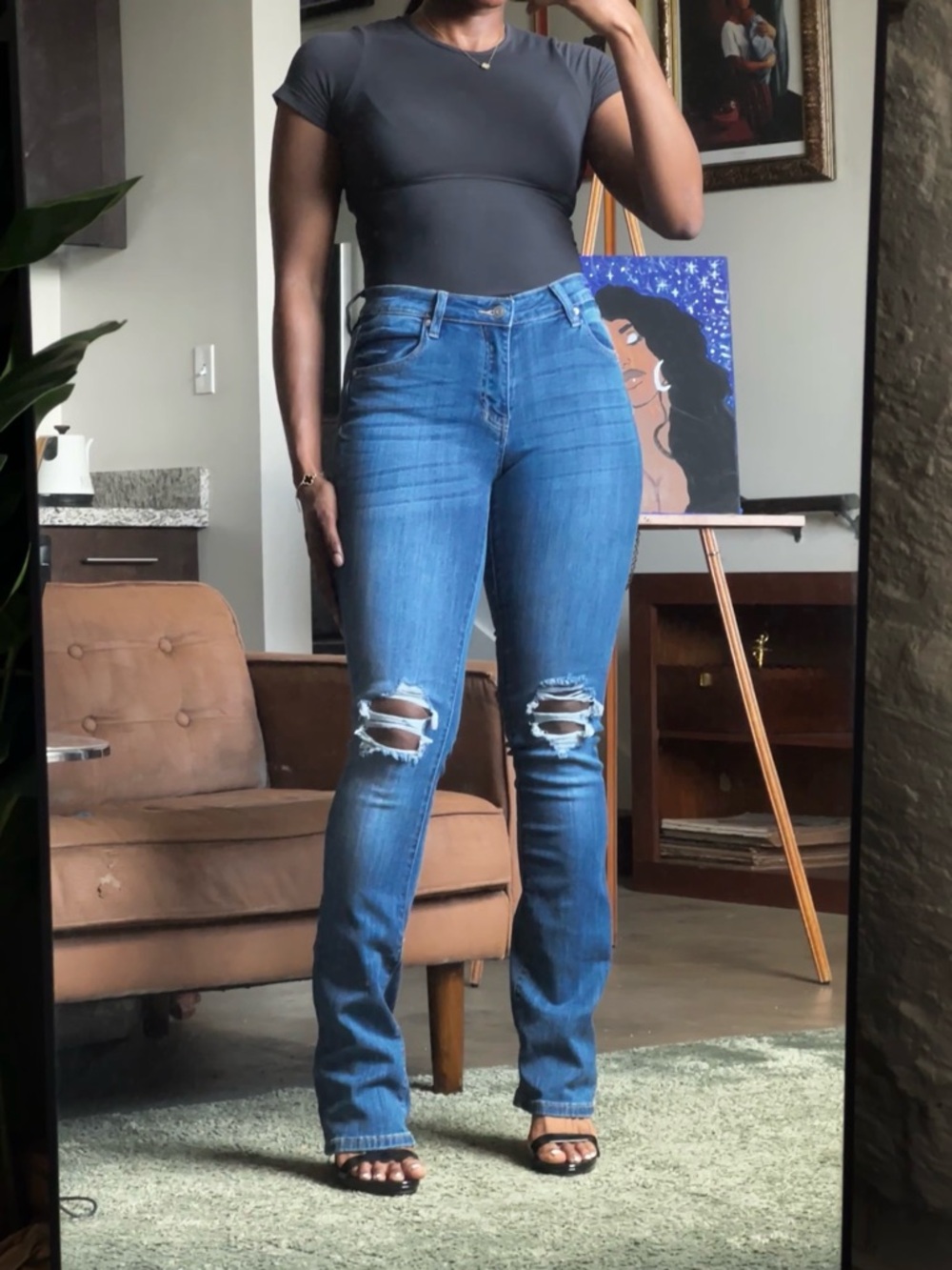Fashion Nova Tall Bootcut Jeans Medium Wash Distressed 36” Inseam, Size 7